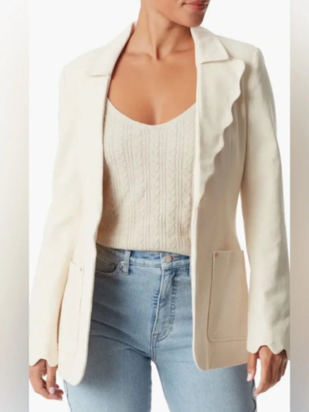 Sam Edelman 100% Cotton Canvas Zander Blazer Size Small Cream Scalloped Edges